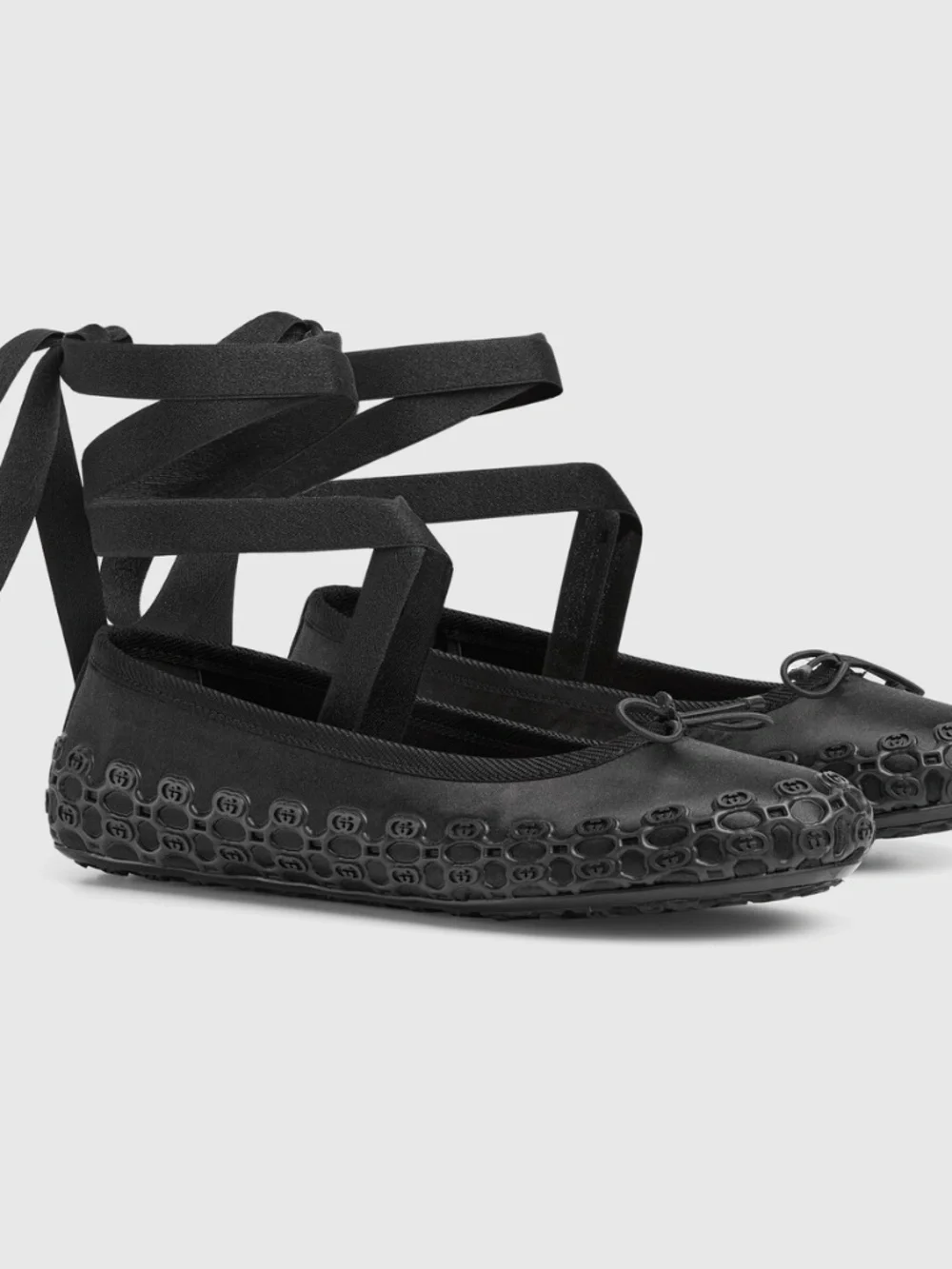 Gucci Women's Ballet Flat Satin Ankle Wrap Black Ballerina size 37.5eu 7.5 US